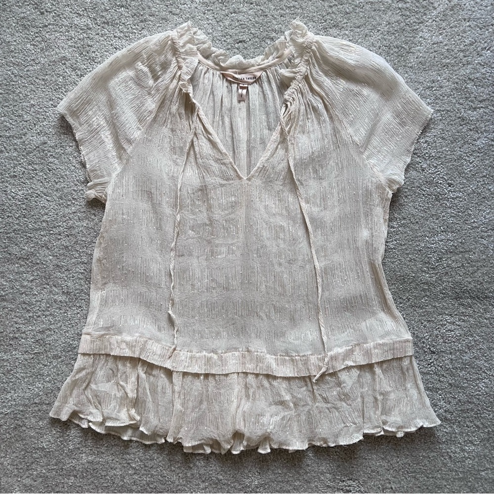 Rebecca Taylor Cream Silk Gold Metallic Tinsel Short Sleeve Blouse